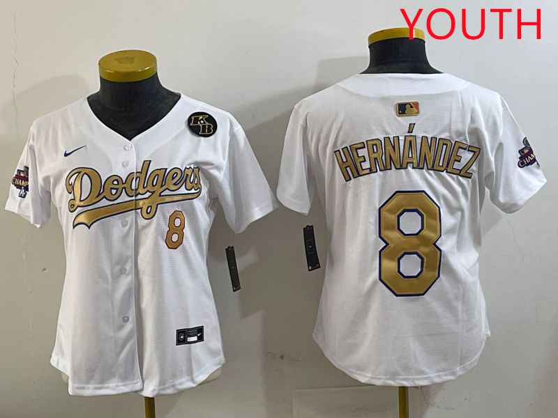 Youth Los Angeles Dodgers #8 Hernandez White Gold Game Nike 2025 MLB Jersey style 4295->women mlb jersey->Women Jersey